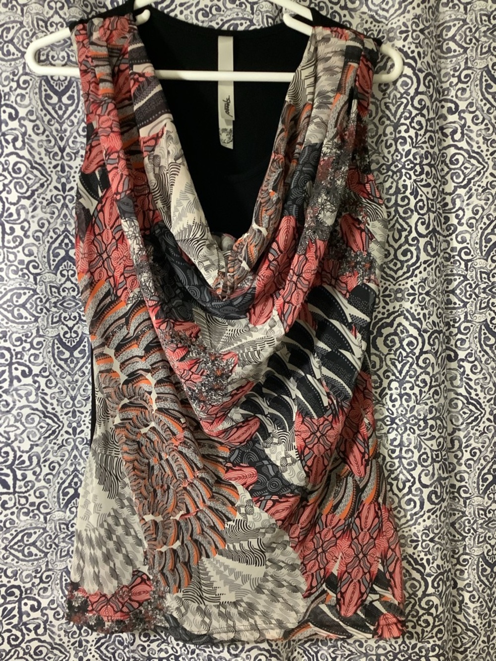 Draped Cowl Neck Overlay Top in Coral, Black & Cream